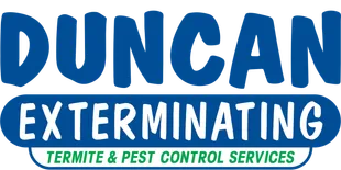 Logo for Duncan Exterminating, featuring bold blue text and a green banner that reads "Termite & Pest Control Services.
