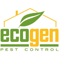 Logo for EcoGen Pest Control, featuring a green leaf over the word "ecogen" in green and yellow text, with a simple house outline above and "Pest Control" written below in green.