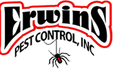 Logo for Erwins Pest Control, Inc. featuring bold black and red text with a drawing of a black spider with a red marking hanging from the letter "W" in "Erwins.
