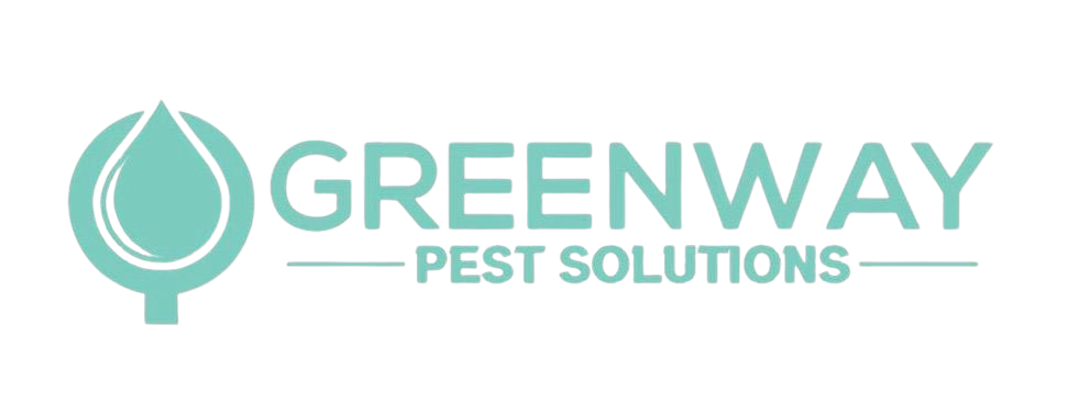 Greenway Pest Solutions logo in teal color, featuring a leaf shape inside a circular outline to the left of the company name in bold, uppercase letters.