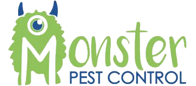 Logo for "Monster Pest Control" featuring a green, furry, one-eyed cartoon monster with blue horns, forming the letter "M" in "Monster." The words "Pest Control" are below in blue uppercase letters.