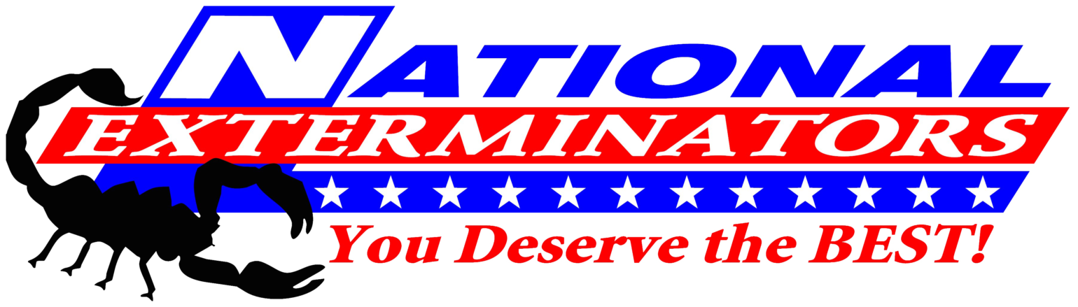 Logo for "National Exterminators" with a black scorpion graphic, blue and red text, and a row of white stars. Slogan below reads, "You Deserve the BEST!" in red italics.
