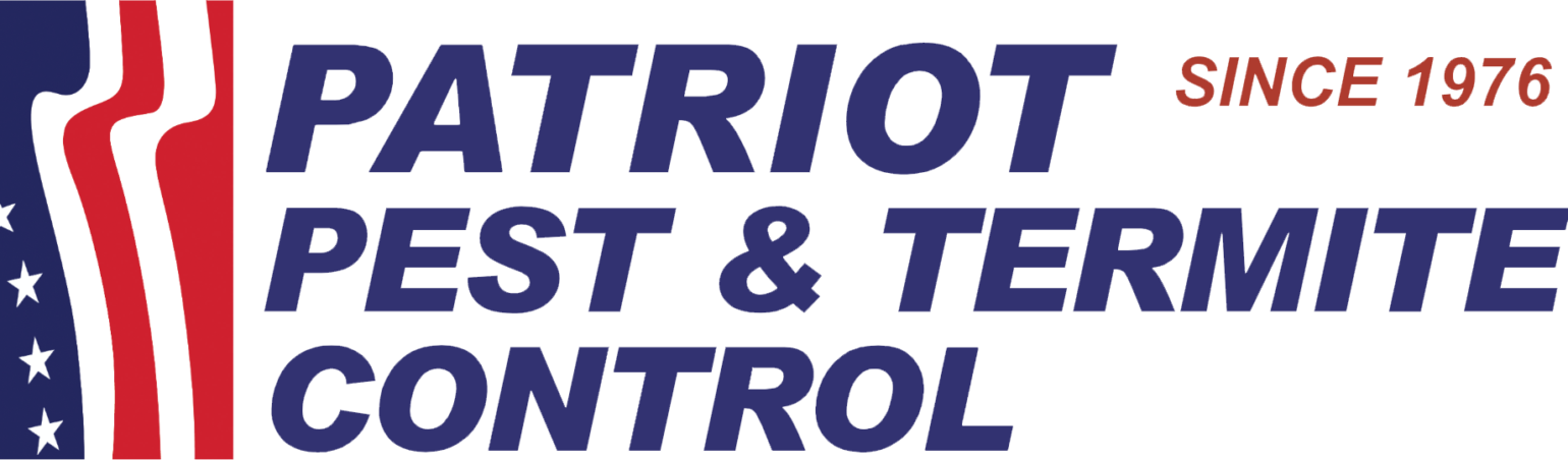 Logo for Patriot Pest & Termite Control with bold blue text and a red, white, and blue flag design on the left. "SINCE 1976" is written in red at the top right.