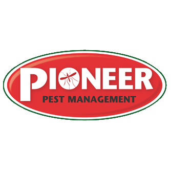 Logo for Pioneer Pest Management. The word "PIONEER" is in bold white letters on a red oval, with a mosquito graphic in the "O." "PEST MANAGEMENT" appears below in smaller white text.