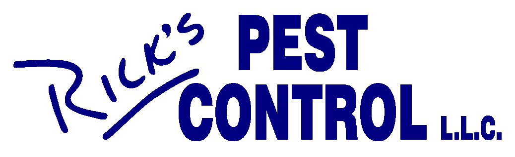 Logo for "Rick's Pest Control L.L.C." in bold blue letters, with "Rick's" written in a cursive style above the words "PEST CONTROL L.L.C." on a white background.