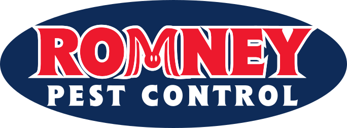 Logo for Romney Pest Control. "ROMNEY" is in bold red letters with a white outline; the "M" resembles a mouse. "PEST CONTROL" is in white capital letters below on a blue oval background.