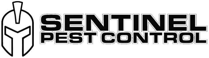 Logo for Sentinel Pest Control featuring a stylized helmet on the left and bold, uppercase text reading "SENTINEL PEST CONTROL" to the right of the helmet.