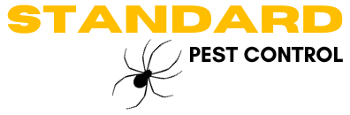 Logo for "Standard Pest Control" with "STANDARD" in large yellow letters, "PEST CONTROL" in black, and a black spider illustration positioned between the words.