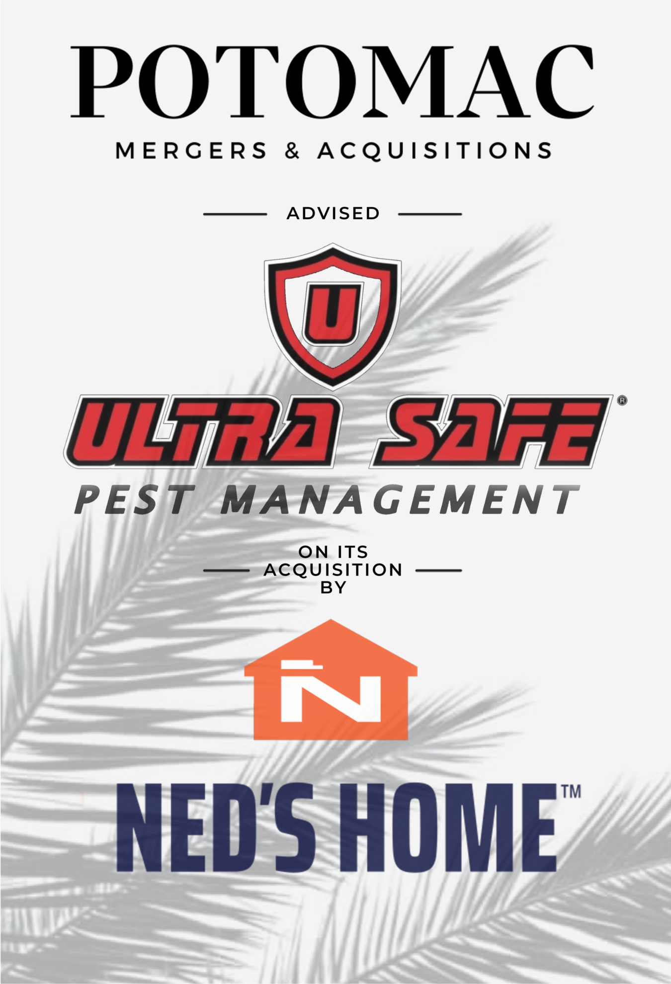 Potomac Mergers &amp; Acquisitions advised Ultra Safe Pest Management on its acquisition by Ned’s Home. Company logos and a palm leaf background are visible.