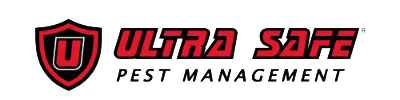 Logo for Ultra Safe Pest Management featuring a red and black shield with a "U" on the left, and bold red text reading "Ultra Safe" above "Pest Management" on the right.